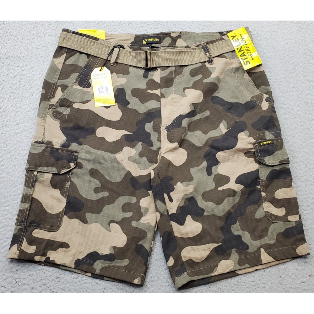 Stanley Workwear Cargo Shorts Men 36 Multi Camo Ripstop Rigged Flex Waist Belted